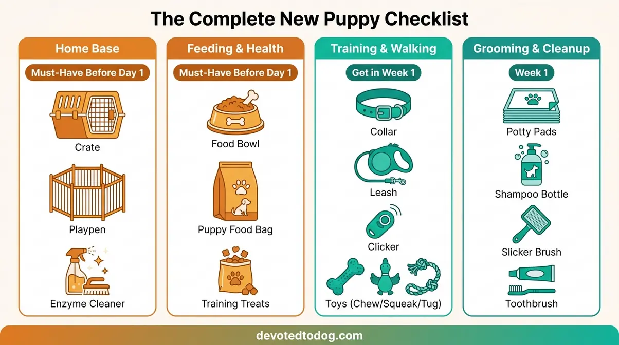 Complete new puppy checklist infographic organized by category showing home base, feeding, training, and grooming essentials