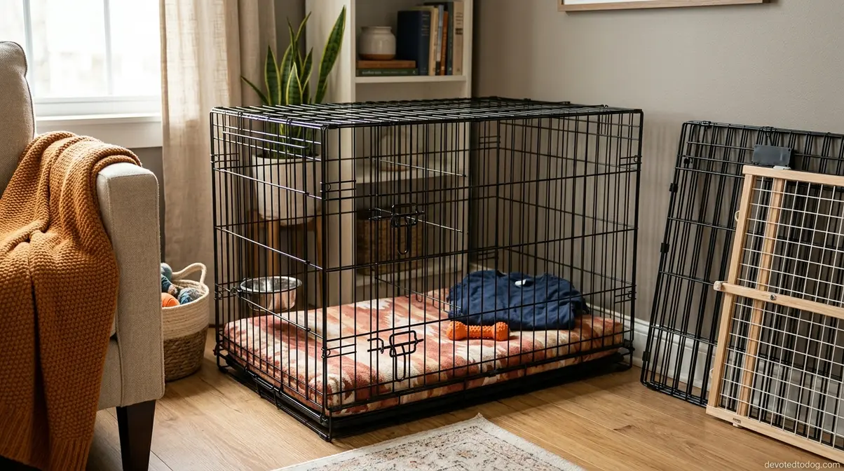 Properly set up wire dog crate with washable pad, chew toy, and water bowl for new puppy home base