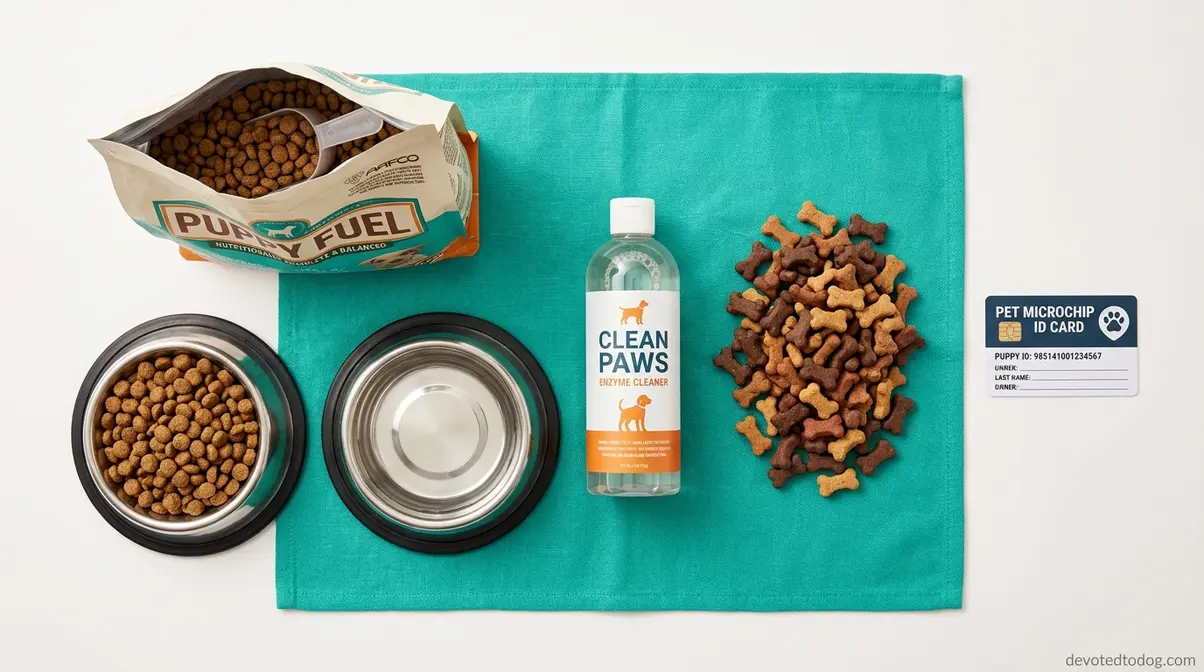 Puppy feeding and health supplies including stainless bowls, AAFCO puppy food, enzyme cleaner, and training treats