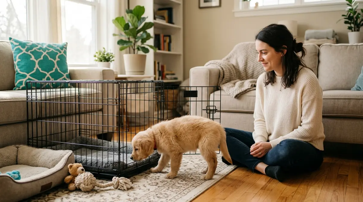 Owner sitting calmly at puppy eye-level as golden retriever puppy explores open crate during first 48 hours at home