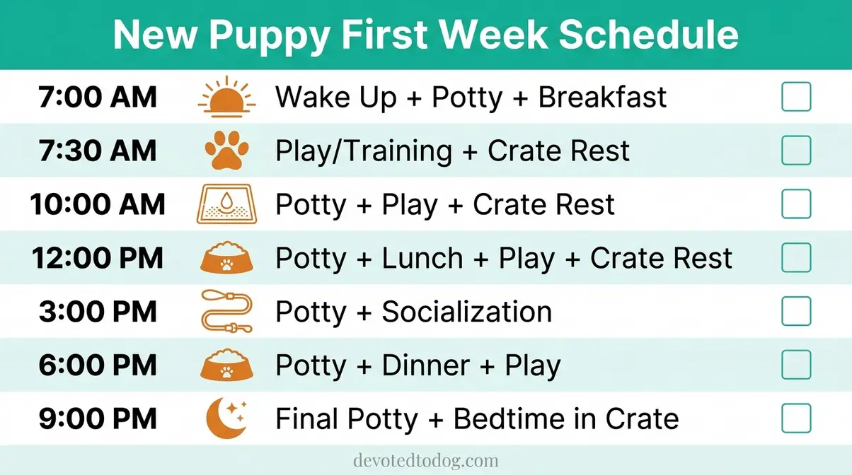 Printable first week puppy schedule infographic showing feeding times, potty breaks, and sleep routine for new puppy owners