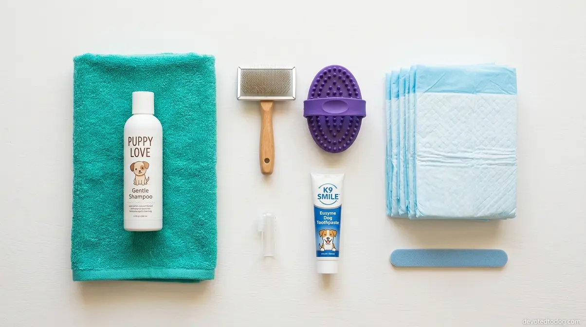 Puppy grooming and cleanup supplies including shampoo, slicker brush, finger toothbrush, and potty training pads