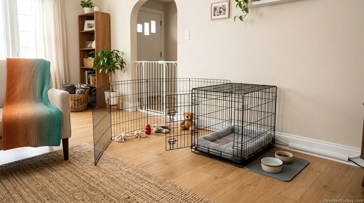Prepared living room corner with puppy crate, X-pen safe zone, baby gate, and secured electrical cords for new puppy arrival