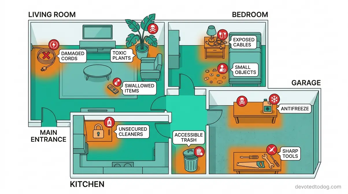 Puppy-proofing diagram showing common household hazards by room for new puppy owners including electrical cords and toxic plants