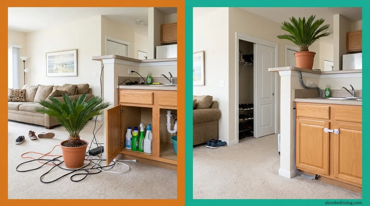 Before and after puppy-proofing comparison showing hazardous cords and plants versus secured safe home environment