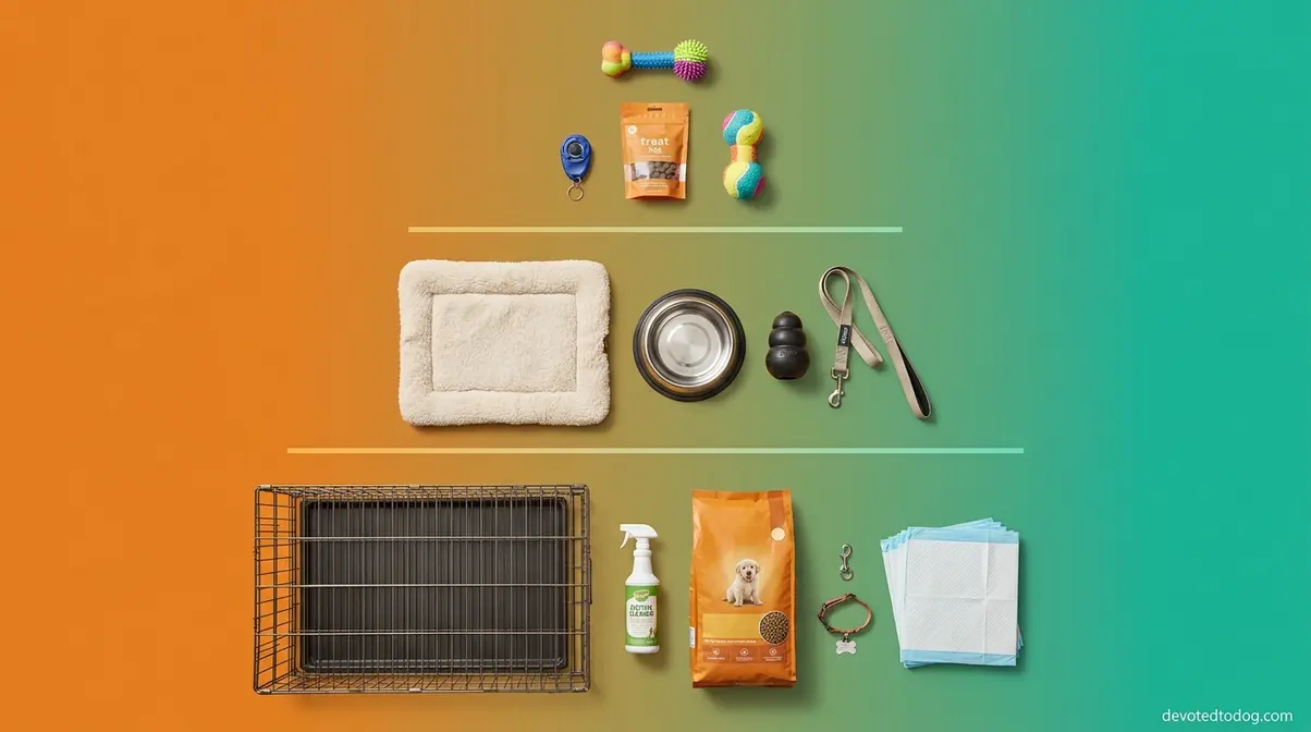 New puppy supply checklist organized in three pyramid tiers showing safety comfort and connection essentials