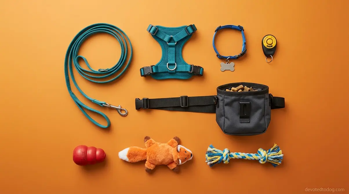 Puppy training and walking gear including leash, front-clip harness, clicker, treat bag, and three toy types
