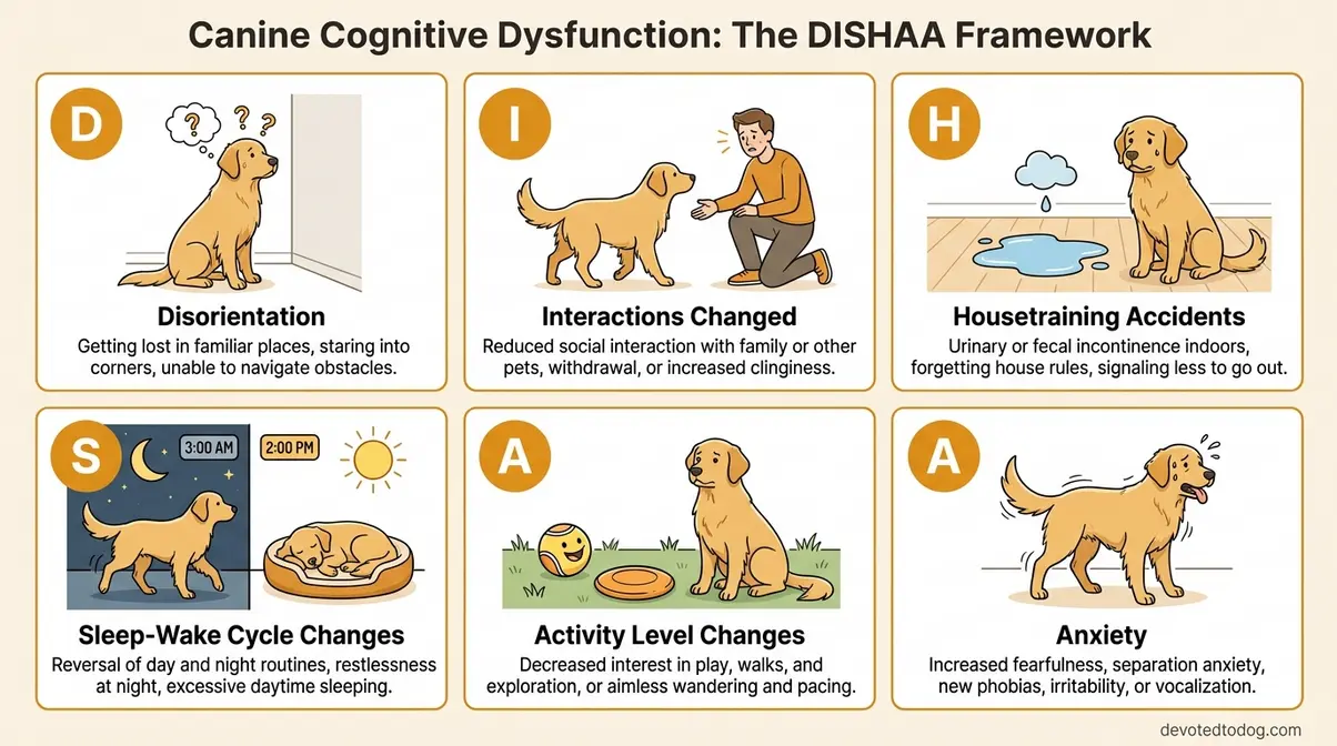 DISHAA framework infographic showing six signs of cognitive decline in old golden retrievers