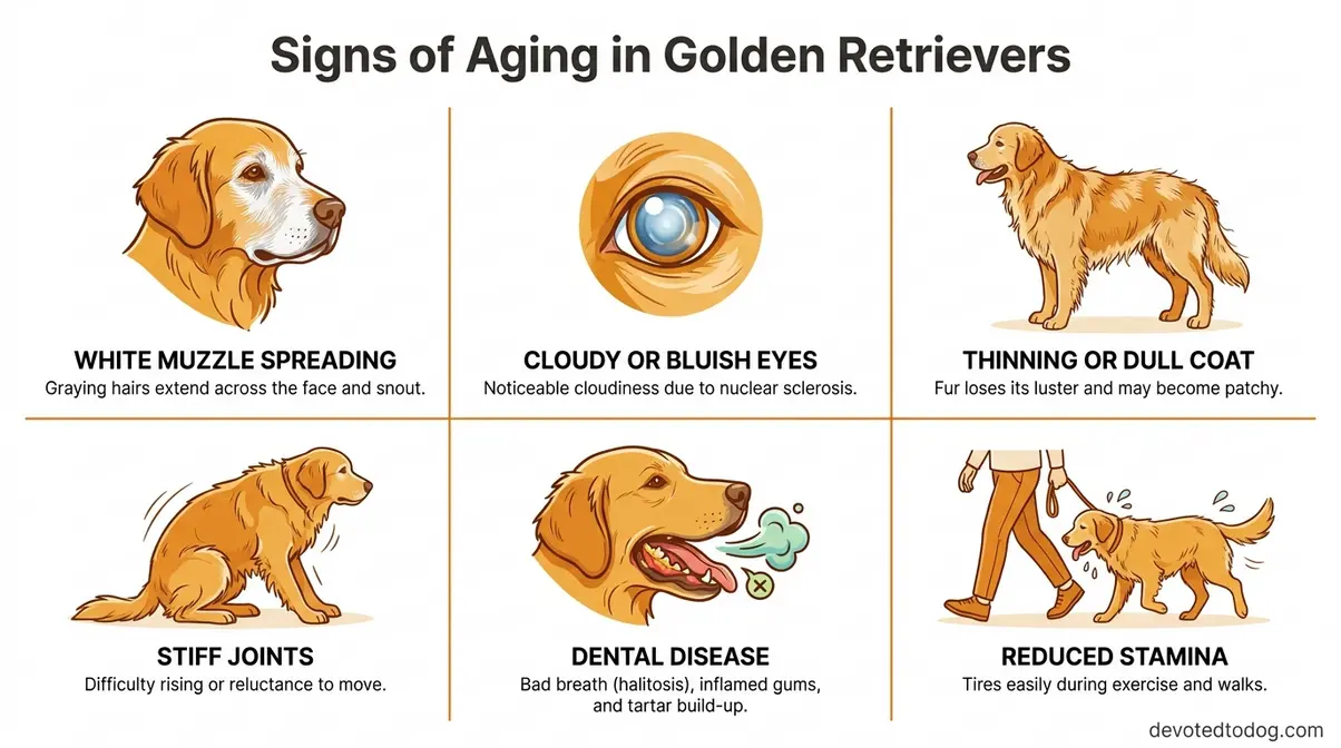 Infographic showing six physical aging signs in old golden retrievers including white muzzle and cloudy eyes
