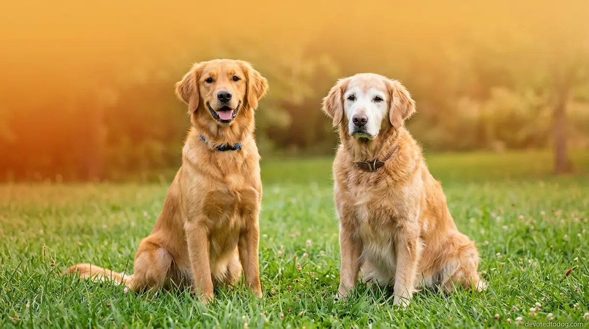 Young golden retriever beside senior golden retriever with white muzzle showing age contrast