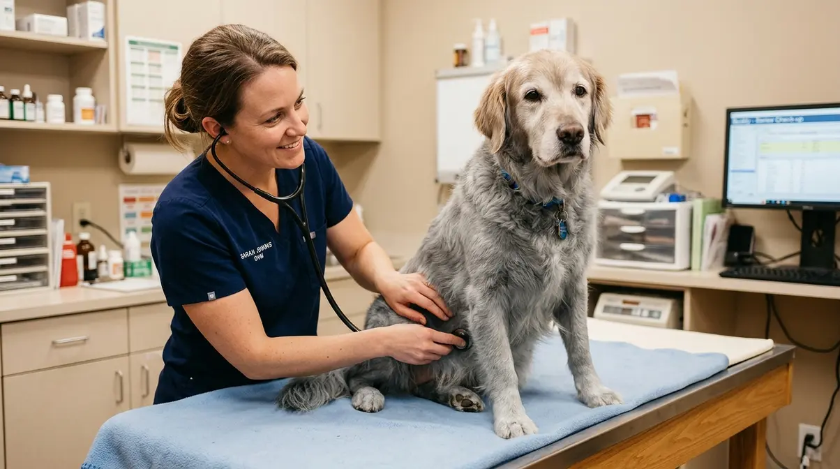 Veterinarian examining senior golden retriever abdomen for health screening in clinic