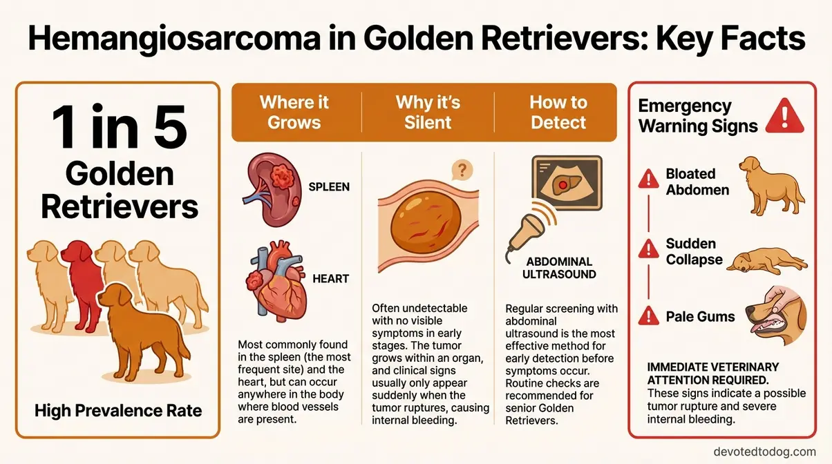 Infographic showing 1 in 5 golden retrievers develop hemangiosarcoma with warning signs listed