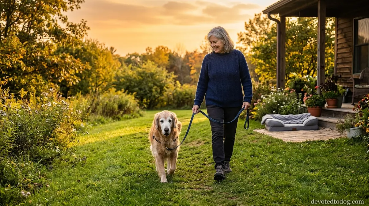 Owner walking old golden retriever on grass path during gentle senior exercise routine