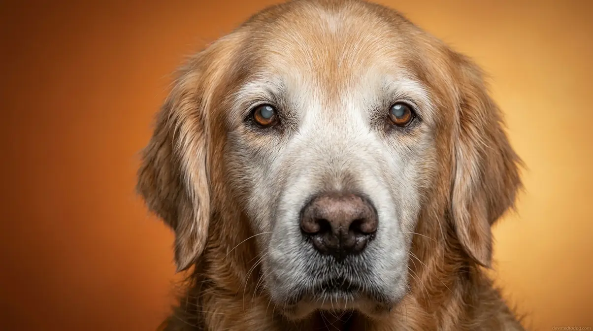 Close-up of old golden retriever face showing white muzzle and gentle cloudy eyes