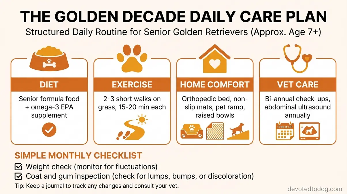 Daily care routine infographic for old golden retrievers covering diet, exercise, home comfort, and vet visits