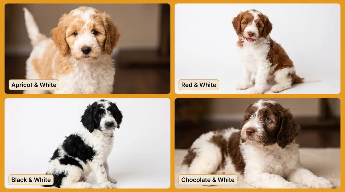 Four-panel collage of classic parti Goldendoodle colors including apricot, red, black, and chocolate with white coats