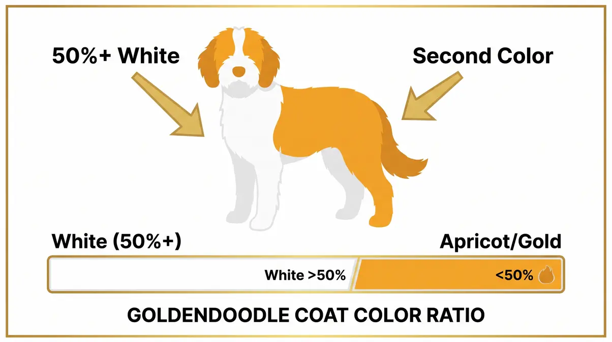 Diagram of parti Goldendoodle silhouette showing white covering more than 50 percent of the coat with apricot patches