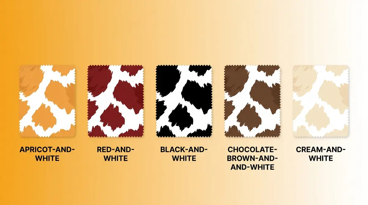 Five classic parti Goldendoodle coat color combinations displayed as labeled swatches from apricot to chocolate