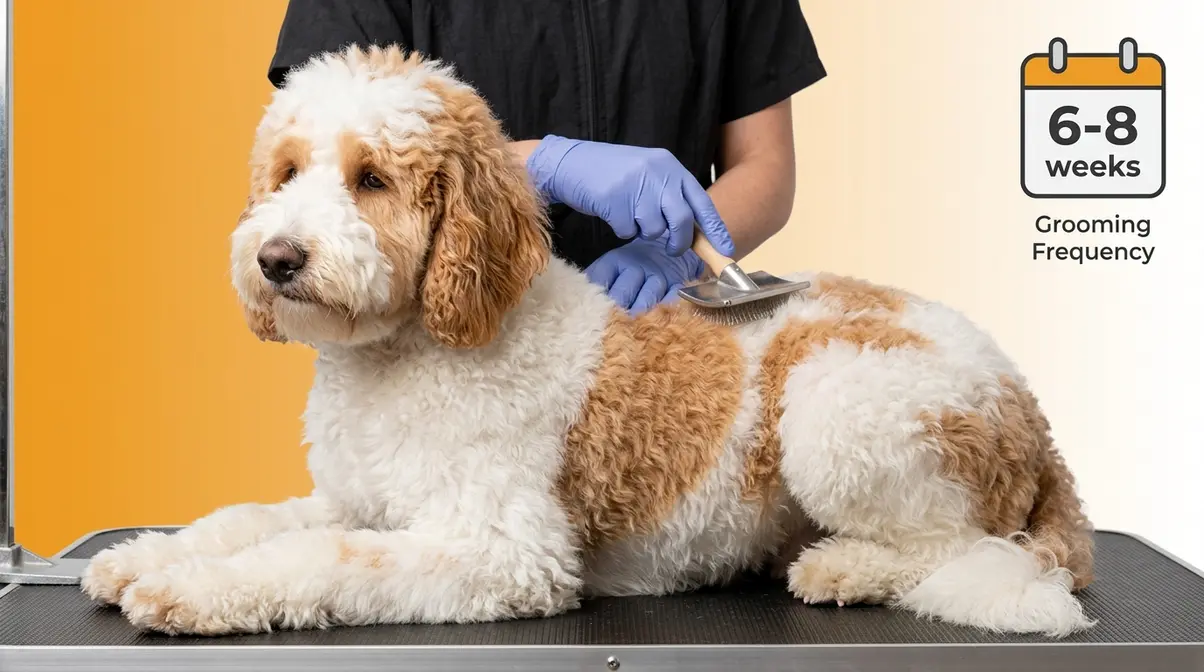 Parti Goldendoodle being professionally groomed with slicker brush showing white and apricot two-toned coat maintenance