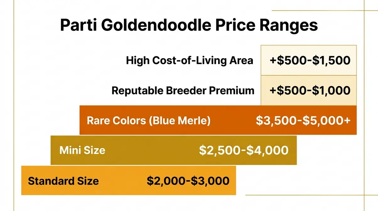 Bar chart showing parti Goldendoodle price ranges by size and color rarity from two thousand to five thousand dollars