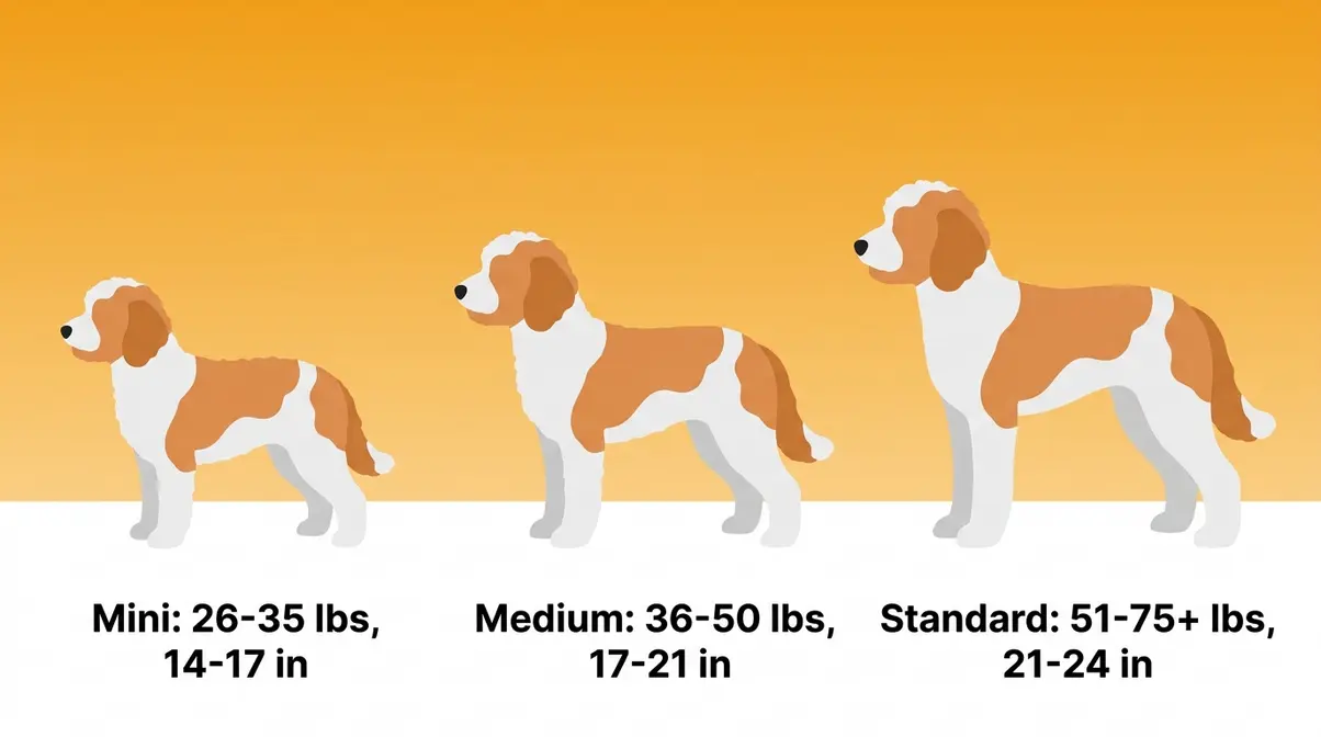 Size comparison chart showing mini, medium, and standard parti Goldendoodle silhouettes with weight and height labels