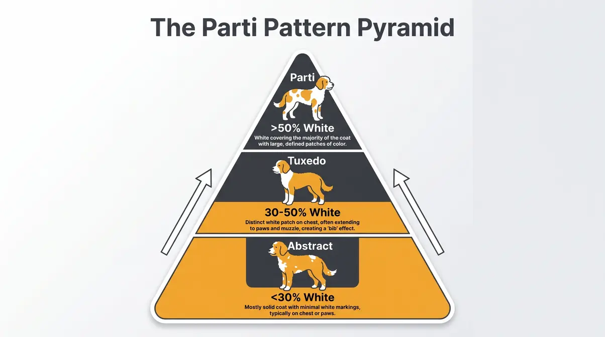 Parti Pattern Pyramid infographic comparing abstract, tuxedo, and parti Goldendoodle coat patterns by white coverage percentage