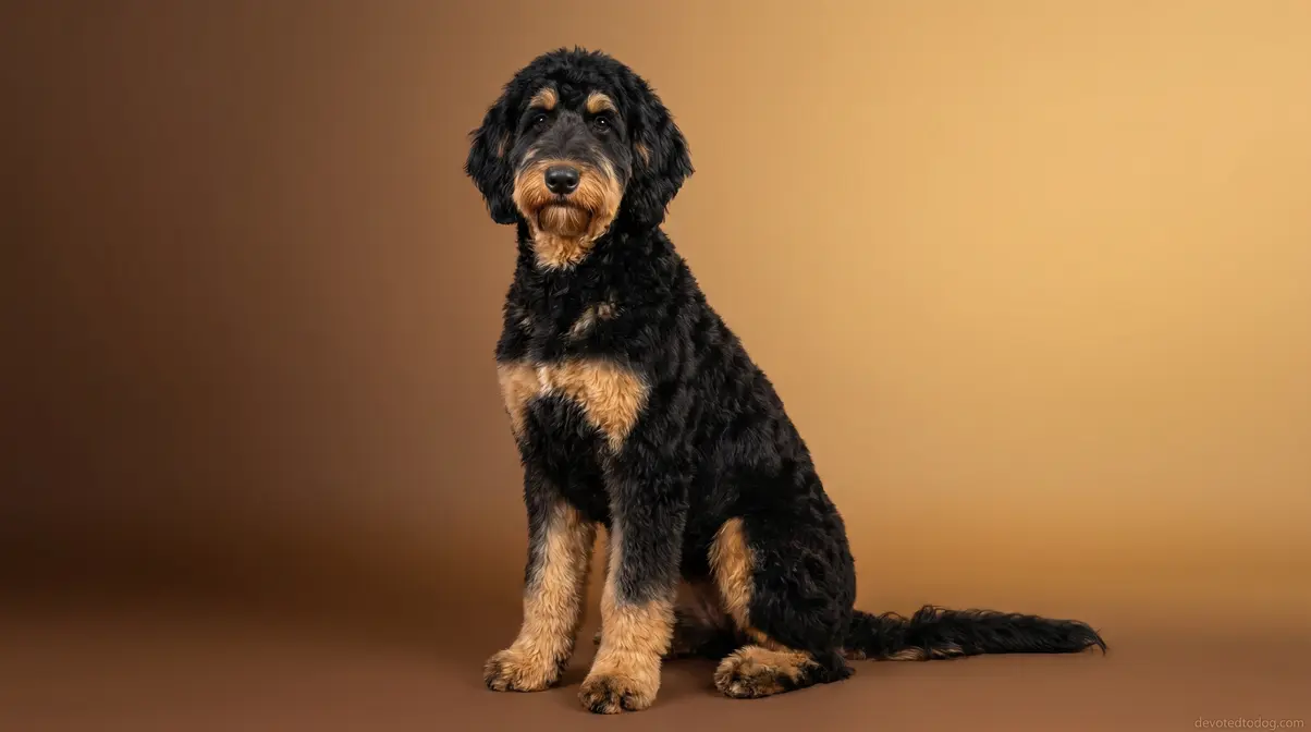 Black and tan phantom Goldendoodle with golden tan eyebrow, muzzle, chest, and leg markings on jet-black coat
