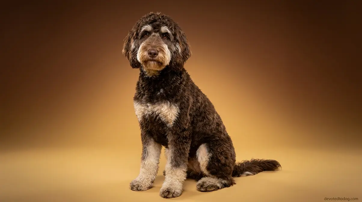 Chocolate phantom Goldendoodle with ivory cream eyebrow and muzzle markings on rich brown base coat