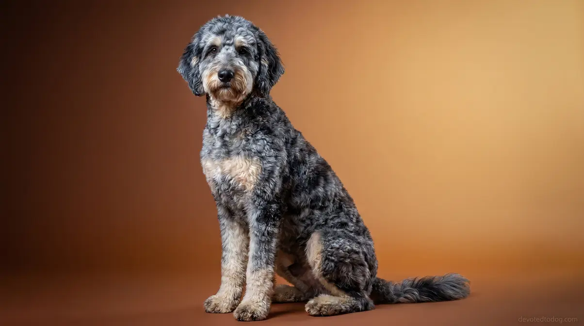 Merle phantom Goldendoodle with marbled blue-gray coat and cream phantom markings at eyebrows, muzzle, and chest