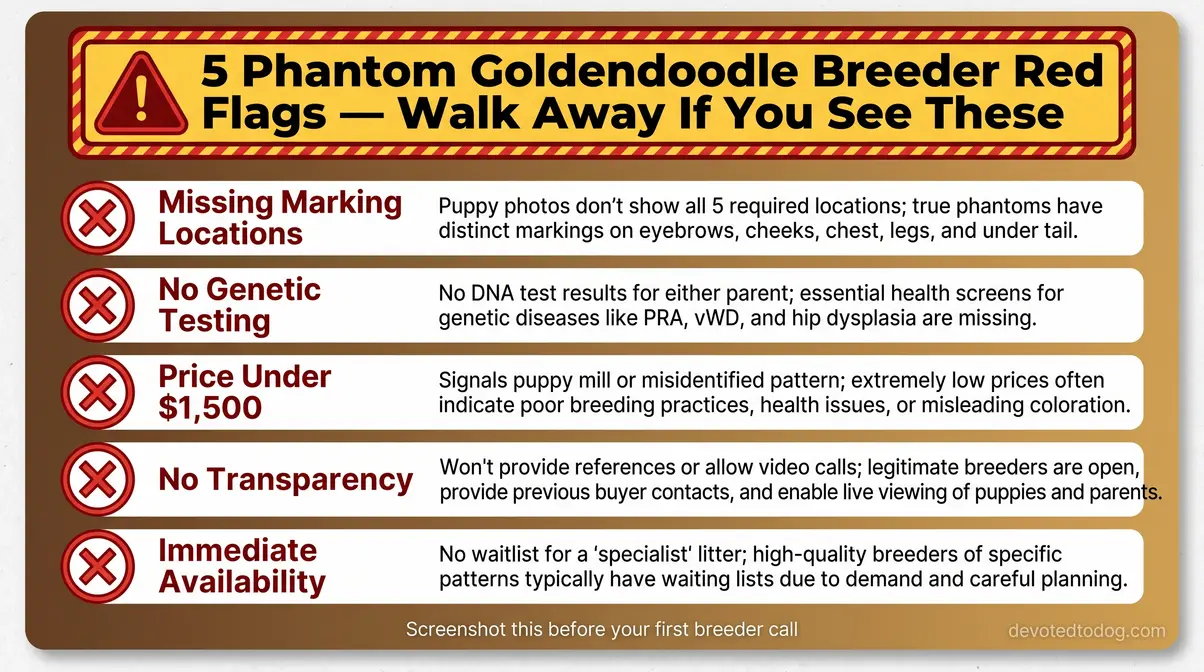 Checklist infographic listing five phantom Goldendoodle breeder red flags including missing markings, no genetic testing, and low pricing