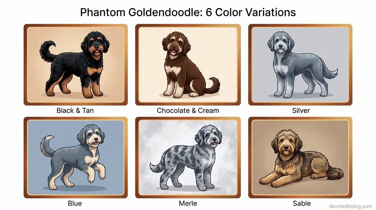 Six-panel gallery of phantom Goldendoodle color variations including black tan, chocolate cream, silver, blue, merle, and sable coats