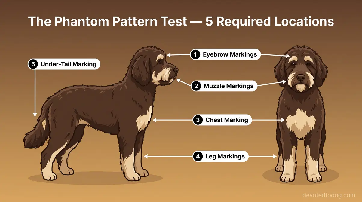 Annotated diagram of phantom Goldendoodle showing five required marking locations with labeled callout arrows