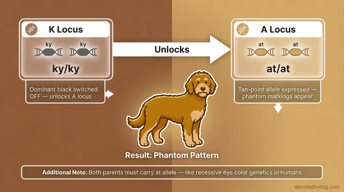 Genetics flowchart showing K locus ky/ky genotype unlocking A locus tan-point allele to produce phantom Goldendoodle markings