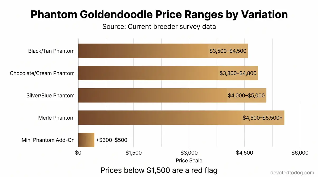 Horizontal bar chart comparing phantom Goldendoodle price ranges from black tan at $3,500 to merle at $5,500 plus by color variation