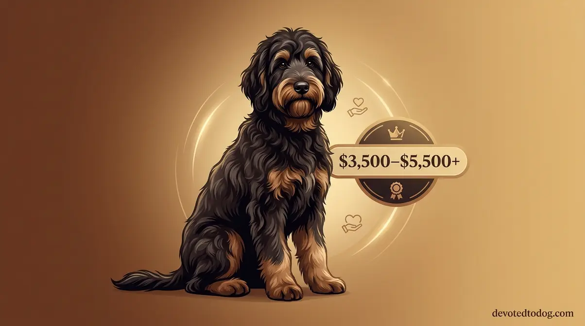Phantom Goldendoodle sitting beside a price tag showing $3,500 to $5,500 premium pricing range