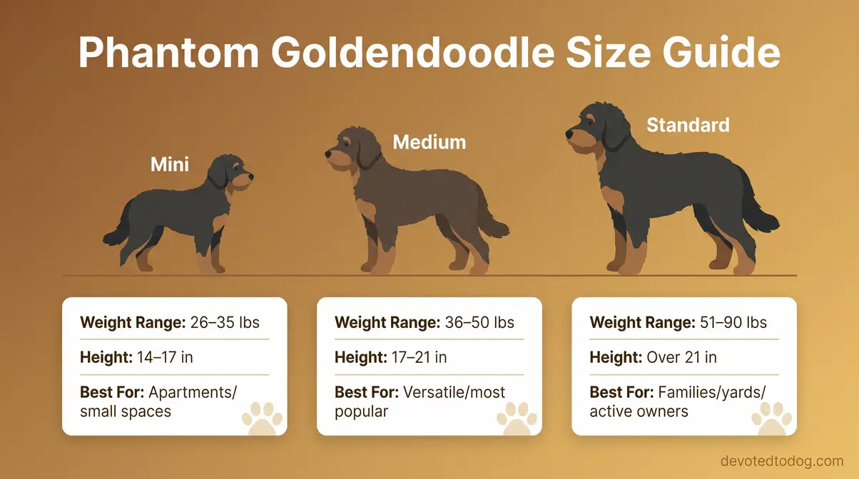 Side-by-side size comparison chart of mini, medium, and standard phantom Goldendoodle with weight, height, and ideal living situation