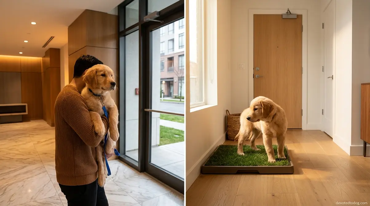 Golden retriever puppy being carried through apartment lobby and using indoor grass patch for potty training