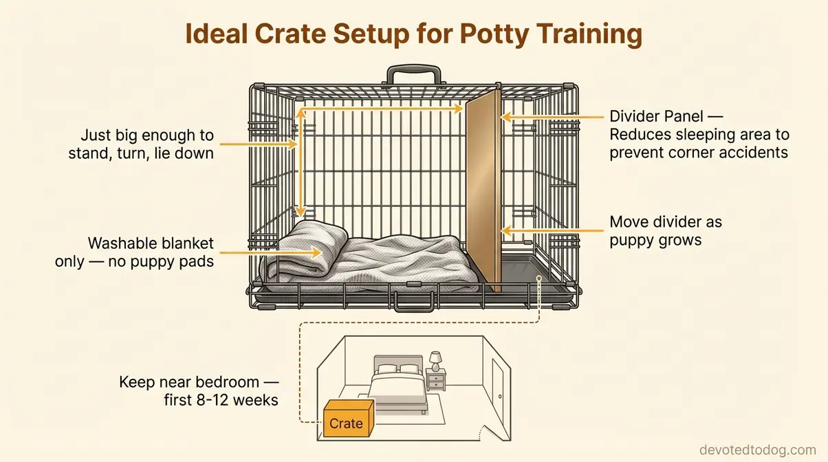 Diagram showing ideal crate setup for potty training a golden retriever puppy including divider panel sizing and bedroom placement