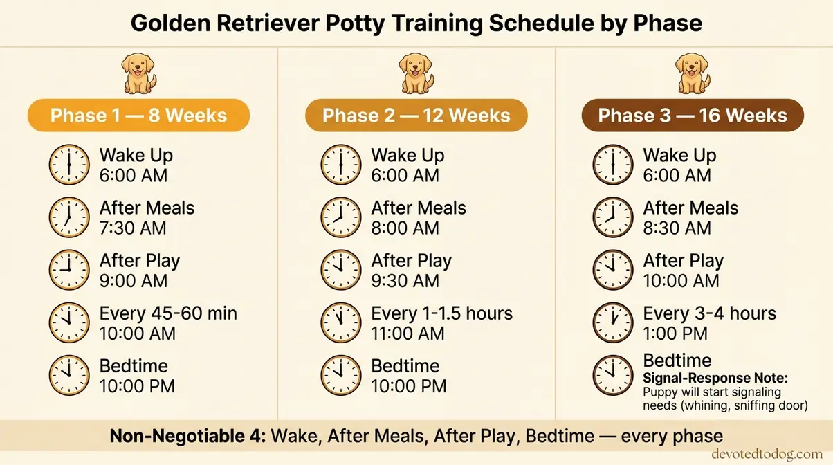 Golden retriever puppy potty training schedule infographic showing daily break frequency for three developmental phases