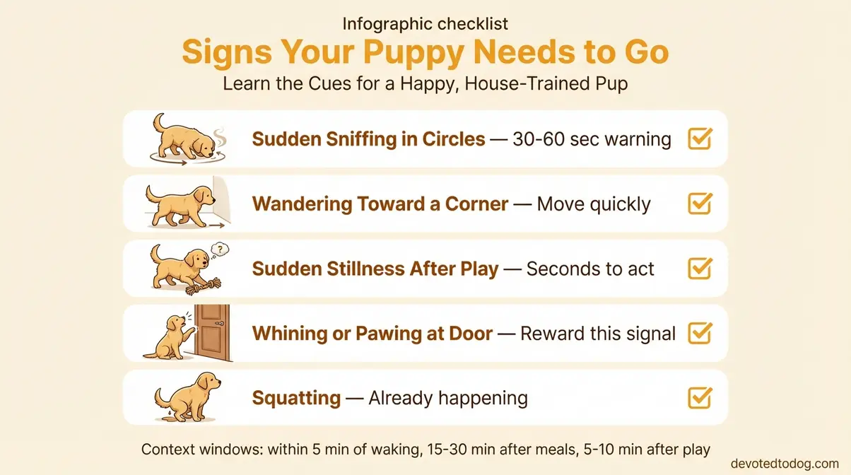 Illustrated checklist of five pre-elimination signals in golden retriever puppies ranked by warning time