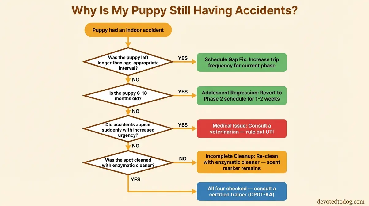 Flowchart for troubleshooting golden retriever puppy potty training accidents showing four diagnostic decision paths