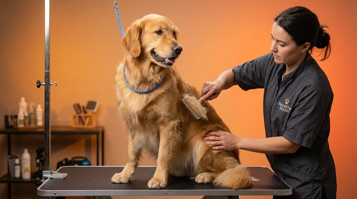 Golden Retriever being professionally groomed showing the dense double coat and shedding