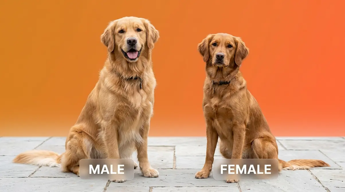 Male and female Golden Retrievers sitting side by side showing size and build differences