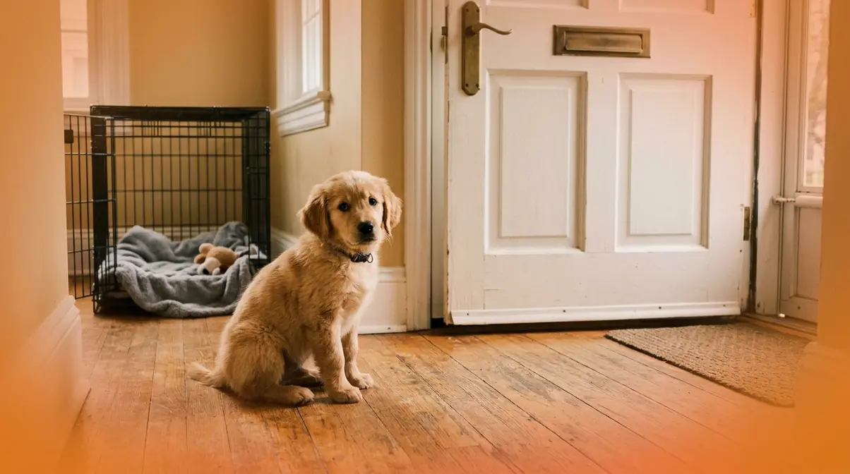 Golden Retriever puppy sitting alone near a door illustrating separation anxiety concerns