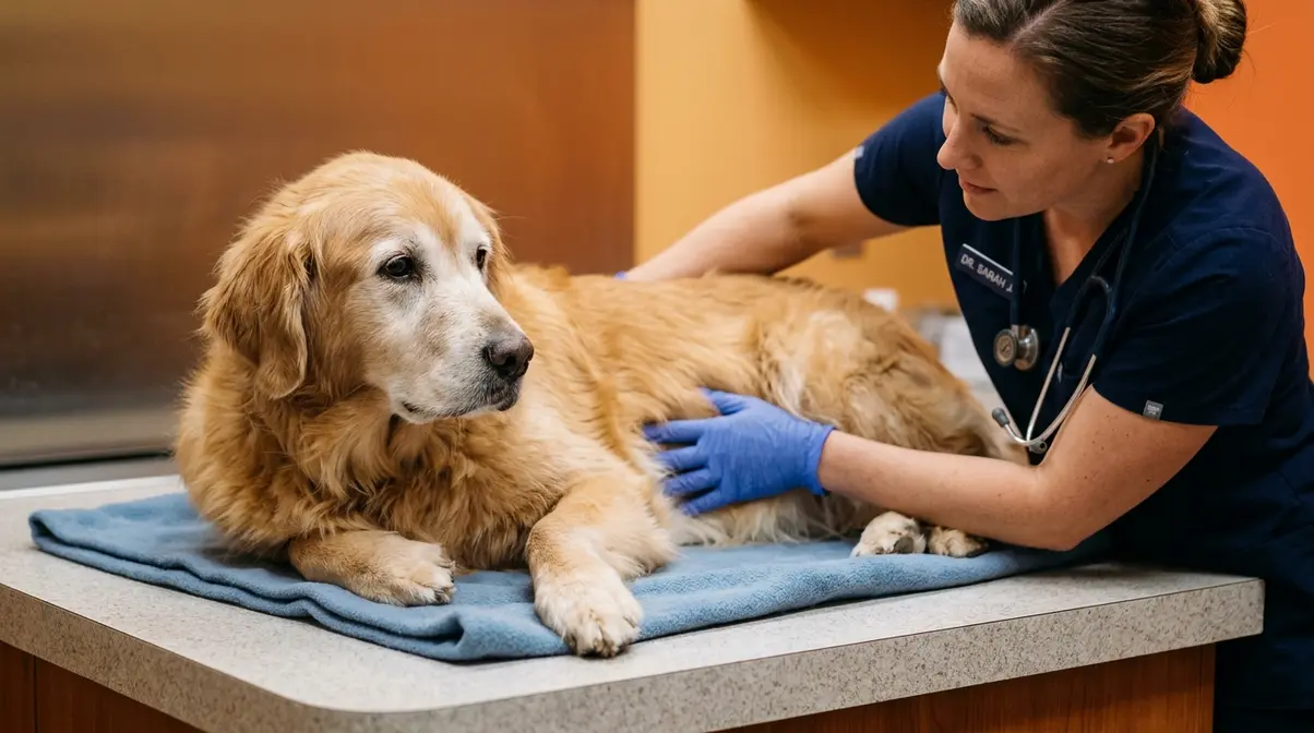 Senior Golden Retriever on a veterinary examination table during an abdominal wellness check