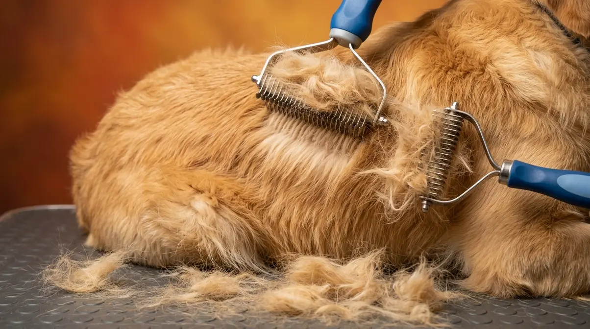 Close-up of Golden Retriever double coat being brushed with a deshedding tool showing loose fur