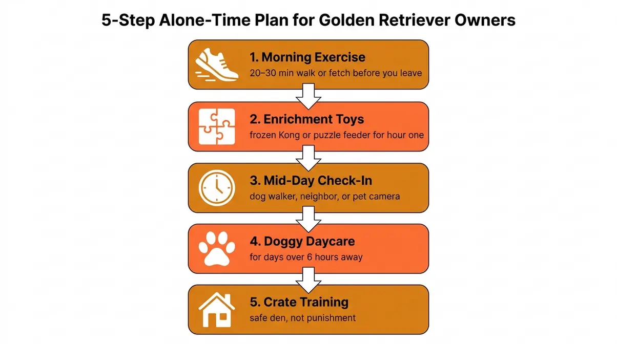Diagram showing the five-step alone-time management plan for working Golden Retriever owners