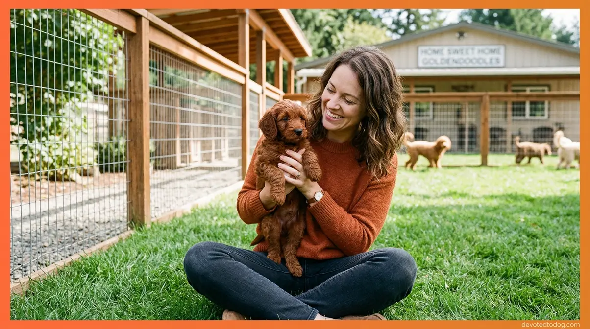 Prospective owner holding red Goldendoodle puppy during in-person breeder facility visit