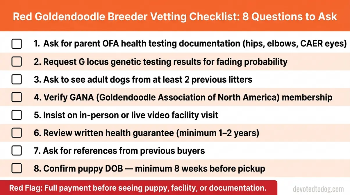 Printable checklist for vetting reputable red goldendoodle breeders with 8 key questions to ask before purchasing a puppy
