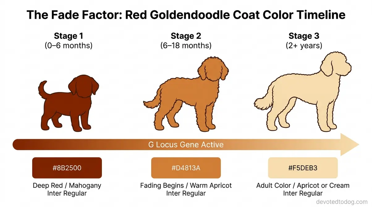 Red Goldendoodle coat color fading timeline showing puppy deep red to adult apricot cream progression driven by G locus gene
